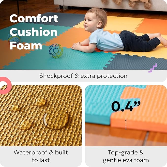 MioTetto Foam Floor Tiles for Kids - Non-Toxic Comfortable Baby Play Mat and Interlocking Foam Tiles, Fits with 74x74 Playpen Mat for Crawling & Development, Soft Play Mat for Babies 6-12 Months