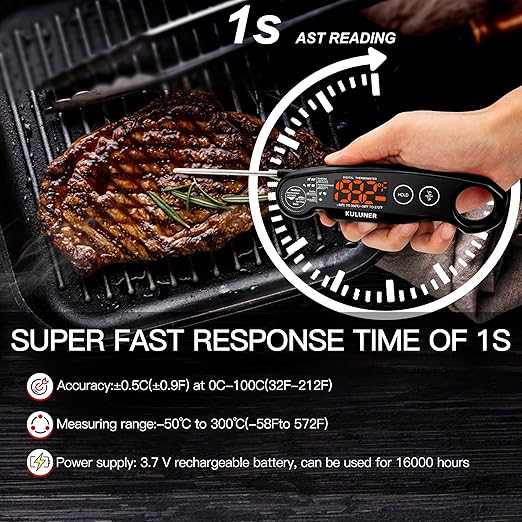 1-Second Rapid and Accurate Meat Thermometer - Waterproof Multifunctional Kitchen Food Thermometer, Ideal for Frying, Smoking, Grilling and More (Black)