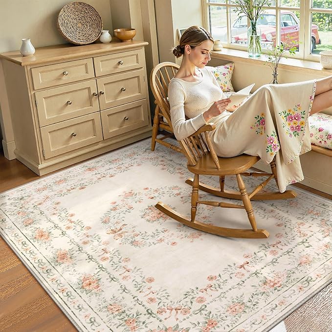 Wonnitar Floral Bow Print Washable 8x10 Rug, Beige Rugs for Living Room, Boho Non Slip Ultra-Thin Soft Neutral Carpet for Nursey Kids Room Dorm Living Room, Beige
