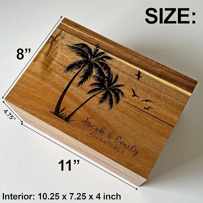 Travel Keepsake Box - Our Adventure Memory Box, Personalized Travel Couple Gift, Bamboo Wood Chest Trunk for Couples, Keepsake Storage for Tickets, Custom Valentine's Gifts, 11 x 8 x 4.75 in