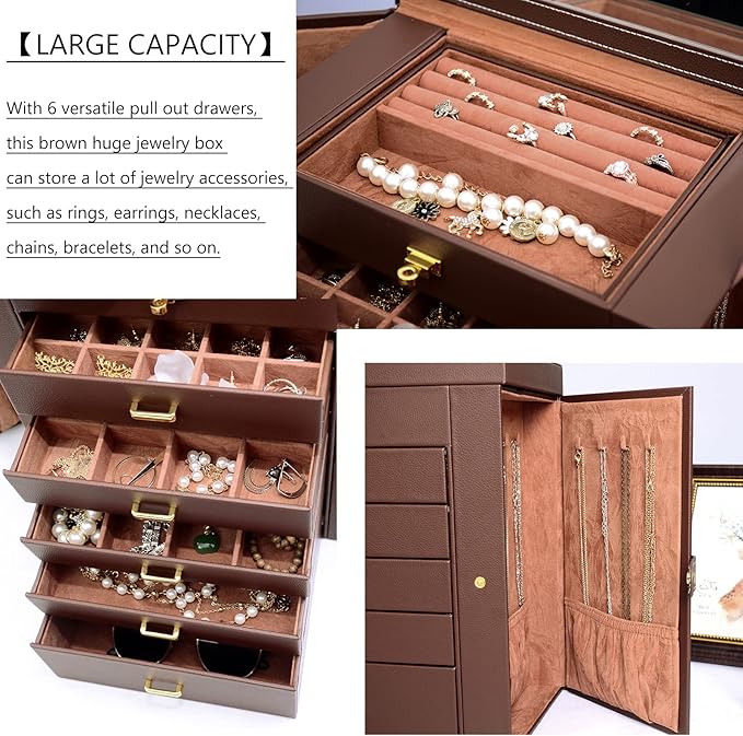 AKOZLIN Large 6-Tier Jewelry Box Organizer Functional Huge Lockable,5 Drawers Leather Jewelry Storage Case for Women Girls Ring Necklace Earring Bracelet Holder Organizer with Mirror Brown