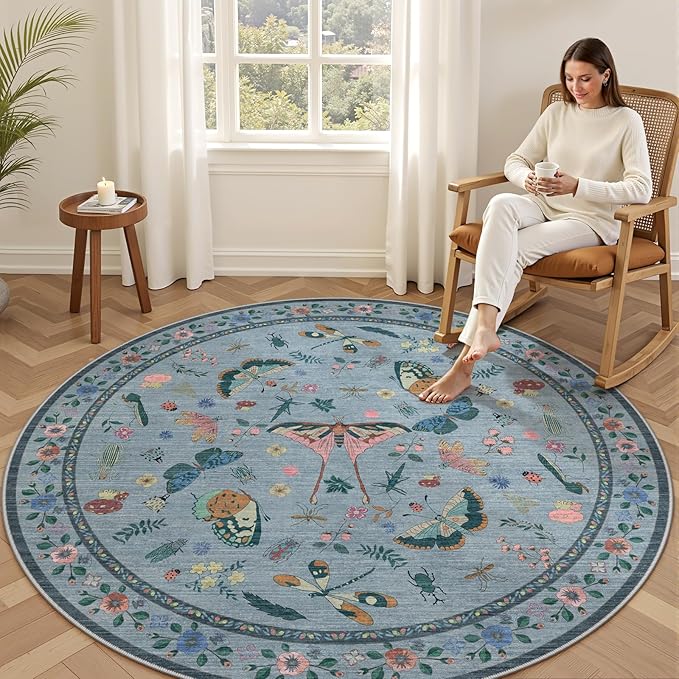 6ft Washable Round Rug - Bug Rugs for Living Room Non-Slip Low Pile Soft Ultra-Thin Machine Washable Circle Carpet for Bedroom, Entryway, Nursery, Kitchen, Home Office (6' Round Blue)