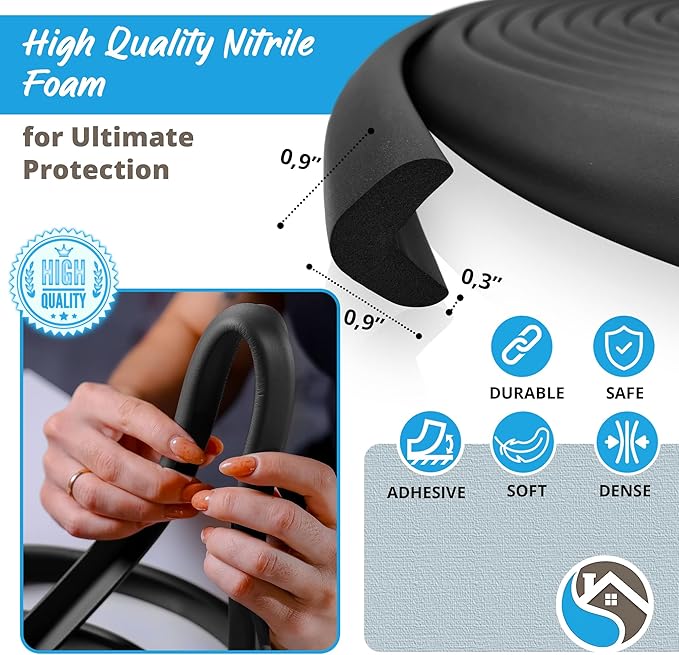 Baby Proof Corners and Edges with Furniture Corner & Edge Safety Bumpers, Impact-Absorbent 18ft Bumper & 8 Foam Corner Protectors, Cushy, Thick, Odorless Table Edge Protectors for Baby, Child | Black