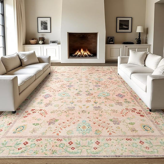 LOCHAS Washable Area Rugs 8x10, Pink Floral Rug for Living Room Bedroom Non Slip, Ultra Soft Vintage Indoor Carpet for Kids, Nursery, Dorm, Dining Room, Classroom, Boho Flower Home Decor, Low-Pile