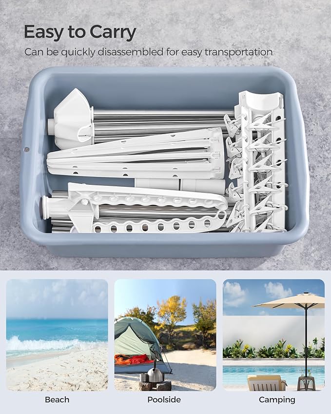 SONGMICS 3-Tier Clothes Drying Rack, 82.7-Inch Folding Laundry Drying Rack with 11 Rotatable Arms for Hangers, 24 Clips, Stainless Steel, for 27 Pieces of Clothes, White and Silver ULLR513W01