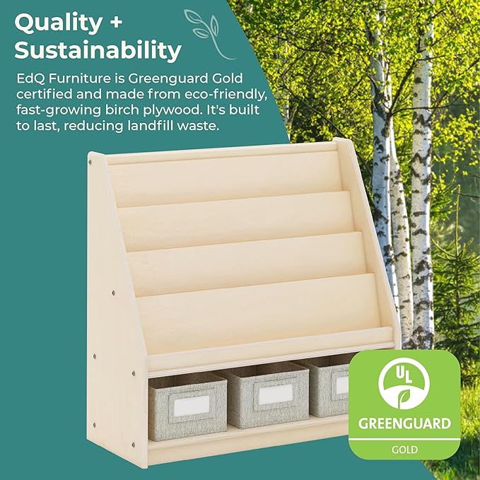 Guidecraft EdQ Book and Bin Display Natural with 3 Fabric Storage Bins: Wooden Multi-Purpose Bookcases and Toy Storage Organizer; Homeschool and Classroom Furniture