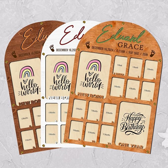 Personalized My First Year Photo Frame | 12 Months Picture Frame For Baby First Year | Displays Two 4x6 Photo and Twelve 2x3 Pictures | Birthday Party Decor Newborn Memory Keepsake, Rainbow