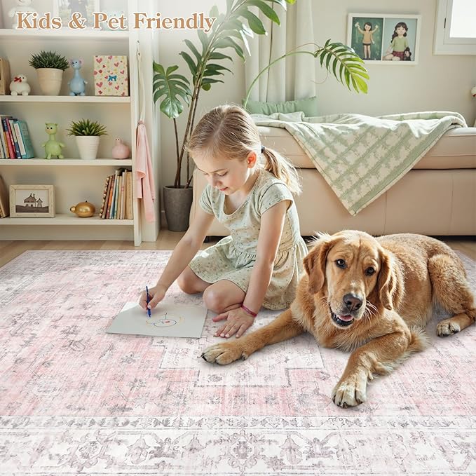LIVEBOX Pink 5x7 Area Rug for Bedroom Girls, Boho Washable Rugs for Living Room Nursery, Non-Slip Indoor Soft Carpet Low-Pile Farmhouse Carpets for Dining Room Kids Playroom, Pink