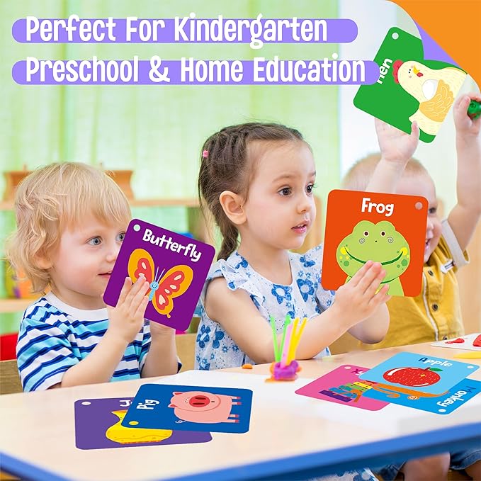 80 PCS Word Flashcards, Double Sided First Word Cards- Alphabet, Numbers, Foods, Animals, CVC Words, Colors & Shapes with 4 Reclosable Rings, Early Learning Tool for Pre-K Kindergarten Toddlers