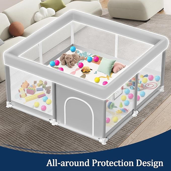 Baby Playpen with Mat, 50x50 Inch Playpen with Mat Waterproof for Babies and Toddlers Play Pen Playards Safety Gate Fence Active Center Indoor