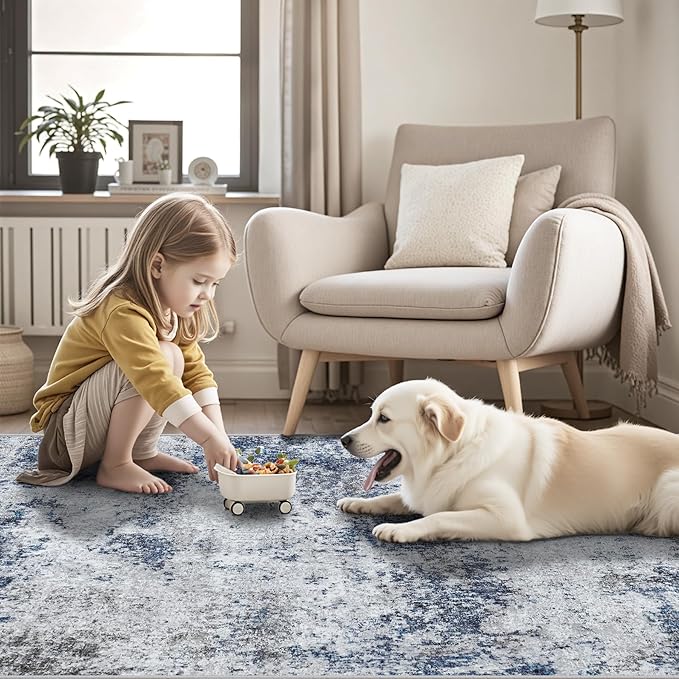 Area Rug 9x12 Washable Rugs: Abstract Large Living Room Rugs with Non-Slip Backing, Stain Resistant Indoor Floor Carpet for Bedroom Dining Room Table Nursery Hallway Home Office Blue/Gray/Black