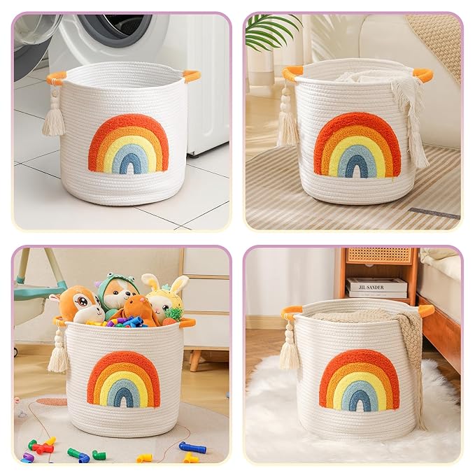 INough Toy Storage Baskets Woven Cotton Rope Storage Basket Kids Blanket Baskets for Living Room, Toys Organizer with Embroidery Colorful Rainbow Decor, Baby Basket for Laundry Nursery (Boho Rainbow)