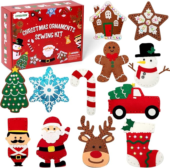 CiyvoLyeen Christmas Sewing Kit for Kids Felt Christmas Ornaments Craft Supplies DIY Activity for Girls and Boys Educational Sewing Gift for Child Set of 12