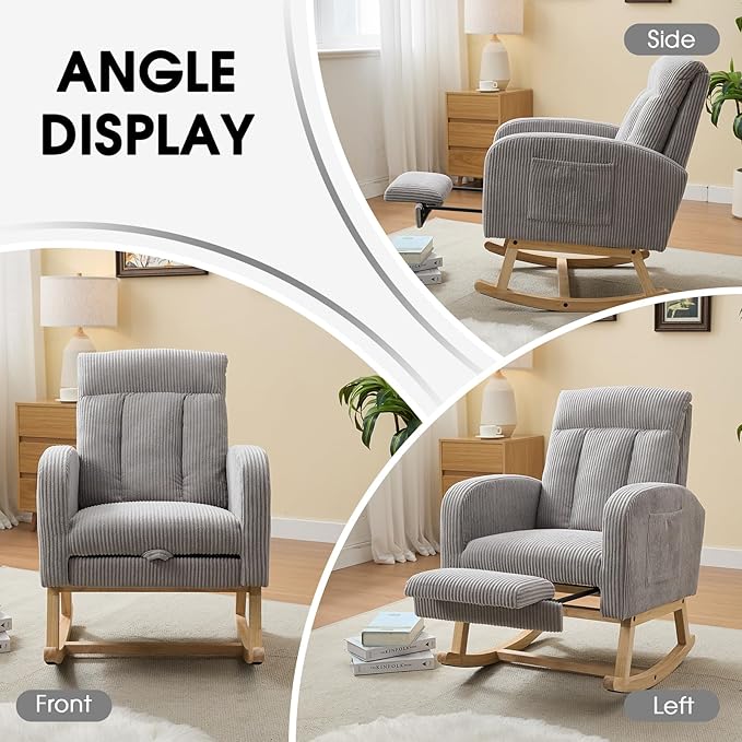 NIOIIKIT Nursery Rocking Chair, Corduroy Upholstered Rocking Chair with Adjustable Footrest, Tufted Rocker Chair with Side Pocket, Glider Rocker for Living Room, Bedroom (Gray Casual)