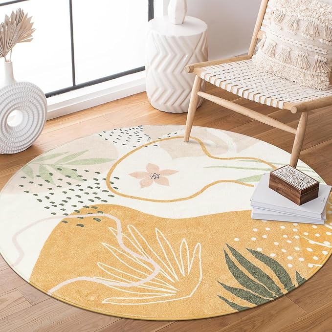 Lahome Boho Round Rug - Circle Rug 3Ft Washable Non-Slip Ultra-Thin Round Entryway Rug Throw Soft Small Circle Area Rug for Bathroom, Botanical Print Circular Rugs for Bedroom Nursery Kids Room Sofa