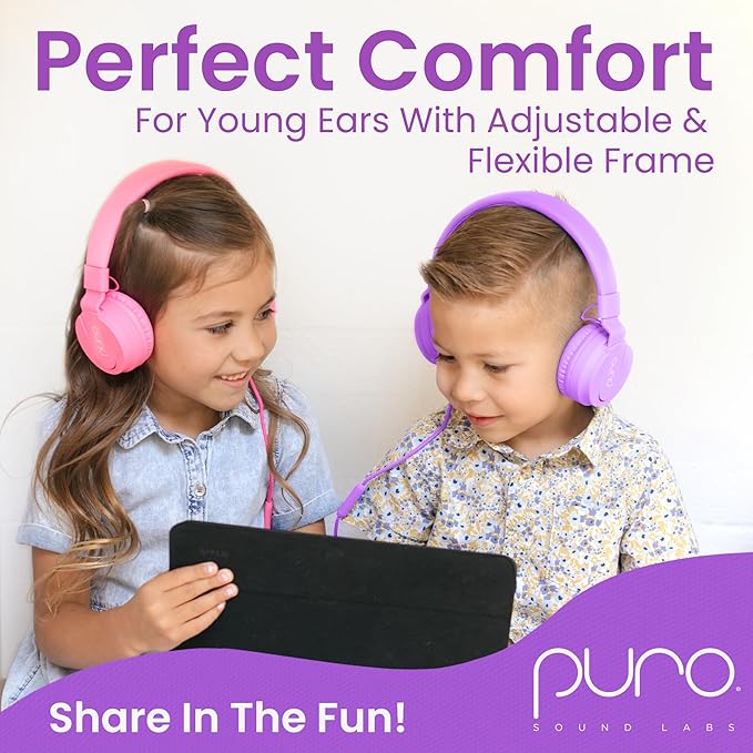 Puro Sound Labs PuroBasic Wired Headphones for Kids - Volume-Limiting & Adjustable with Microphone – Compatible with Smartphones, Tablets, PCs, and More – Safe, Durable Headphones for Kids – Purple