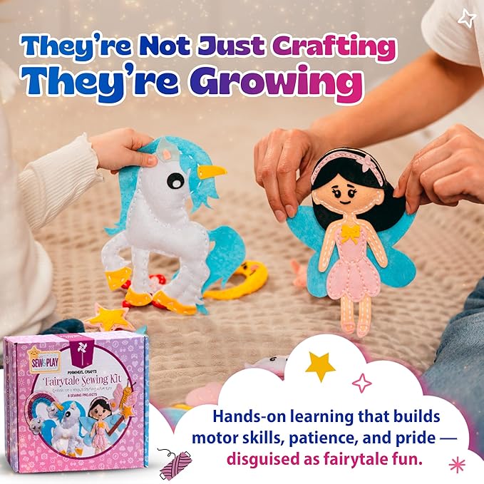 Pinwheel Crafts Beginner Sewing Kit for Kids Ages 5 6 7 8-12+ - Make Your Own Fairytale Characters Kids Sewing Kit - Play & Learn to Sew Craft Box, Girls & Boys Birthday Gifts