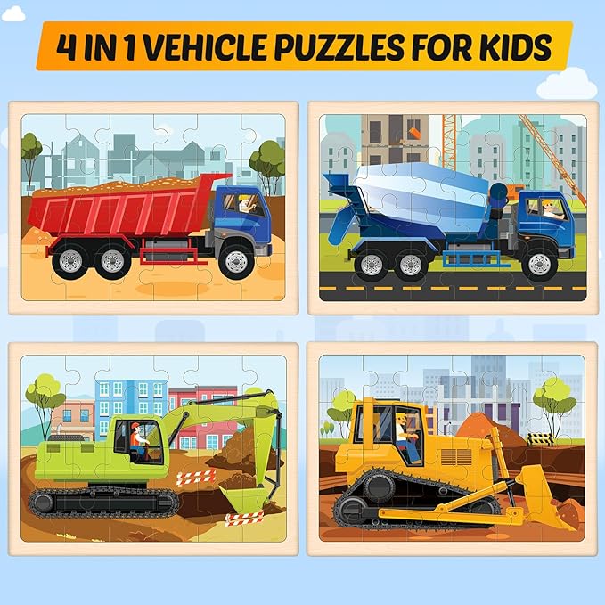 Wooden Puzzles for Kids Ages 4-6, 4 Packs 24 PCS Construction Vehicle Jigsaw Puzzles for Kids Ages 3-5, Preschool Educational Puzzles Boards Toys Gifts for Boys Girls