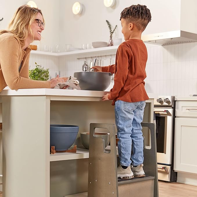 ECR4Kids Reach-Up Step Stool with Handles, Kids Furniture, Grey Wash