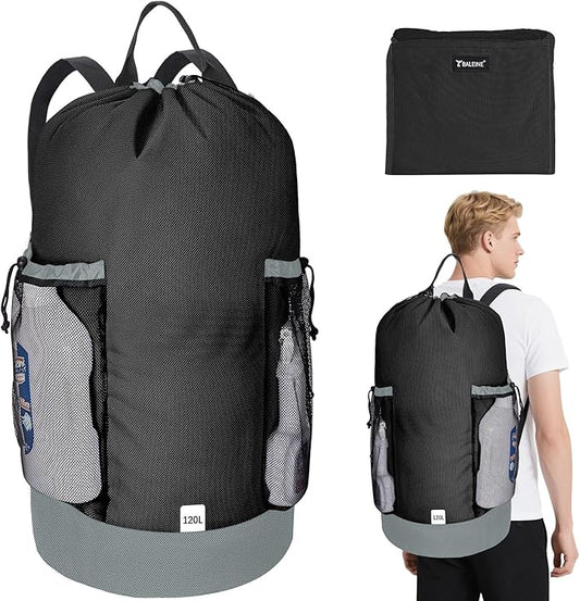 BALEINE 120L Laundry Bag Backpack, 900D Oxford Fabric Large Travel Laundry Bags with Shoulder Straps and 2 Mesh Pockets for College Dorm, Apartment, Laundromat (Black, 120L)