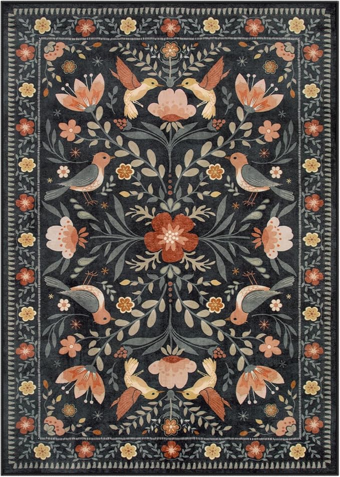 Moynesa Boho Bird 3x5 Rug, Ultra Thin Washable Kitchen Rugs Anti Skid Rubber Backing, Low Pile, Soft, Indoor Large Black Throw Carpet for Entryway Office Bedroom Bathroom Living Room