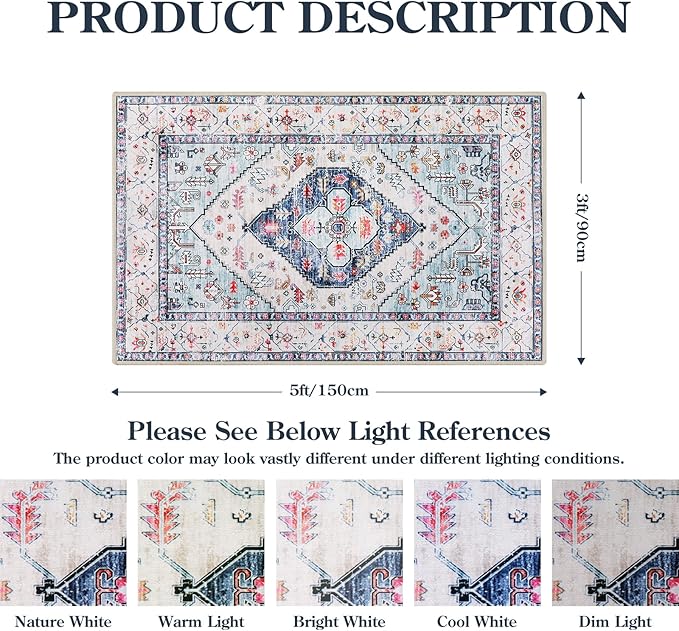 Lahome Boho Round Rug - 9Ft Washable Area Rug, Non-Slip Small Bathroom Rug, Lightweight Bedroom Throw, Oriental Distressed Print Carpet for Entryway, Sofa, Nursery, Kids Room