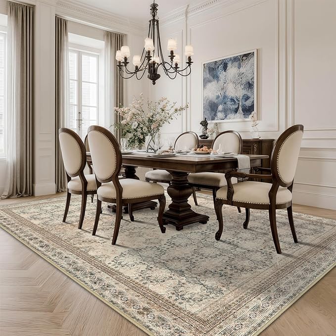 4x6 Area Rug for Bedroom Machine Washable, Non Slip Vintage Floral Kitchen Rugs for Dining Room, Rustic Indoor Floor Carpet for Nursery, Farmhouse, Office Classroom Beige/Pink/Orange