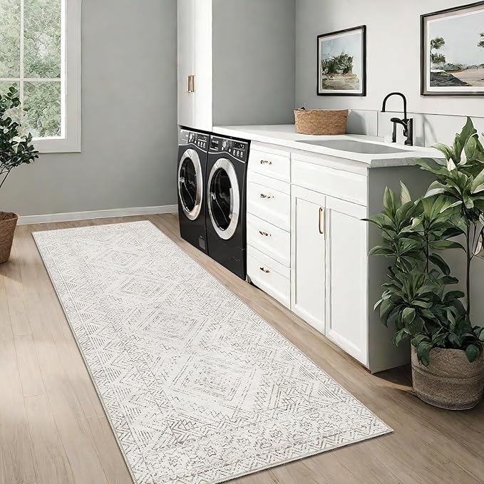 COZYLOOM Runner Rug 2x8 Living Room Washable Rugs Stain Resistant for Bedroom Soft Floor Carpet Non Slip Distressed Geometric Carpet for Dining Room Laundry Room Office, Ivory