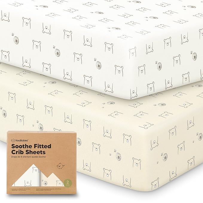 KeaBabies 2-Pack Organic Crib Sheets for Boys, Girls - 52x28 Fitted Crib Mattress Sheet Neutral, Breathable Jersey Cotton Cover for Baby Bed, Toddler Mattress, Soft & Cute Prints (Bumble Bear)