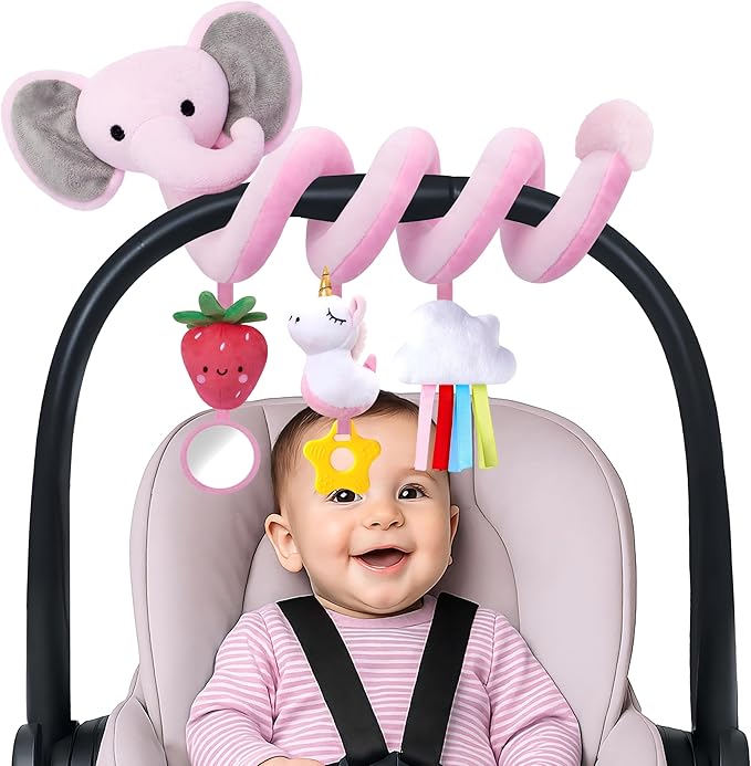 Stuffed Spiral Car Seat Toys for Baby Girls 0-6 Months, Perfect Newborn Gifts for Girls Essentials, Cute Pink Elephant Plush Items
