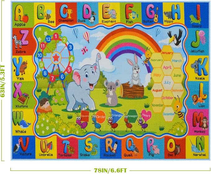 STARUIA ABC Rug for Kids Playroom, Classroom Floor Play Mat for Kids, Preschool Educational Rug for Learning Alphabet Animals Numbers Months, ABC Carpet Play Rug for Nursery Kid Room Decor (63"x78")