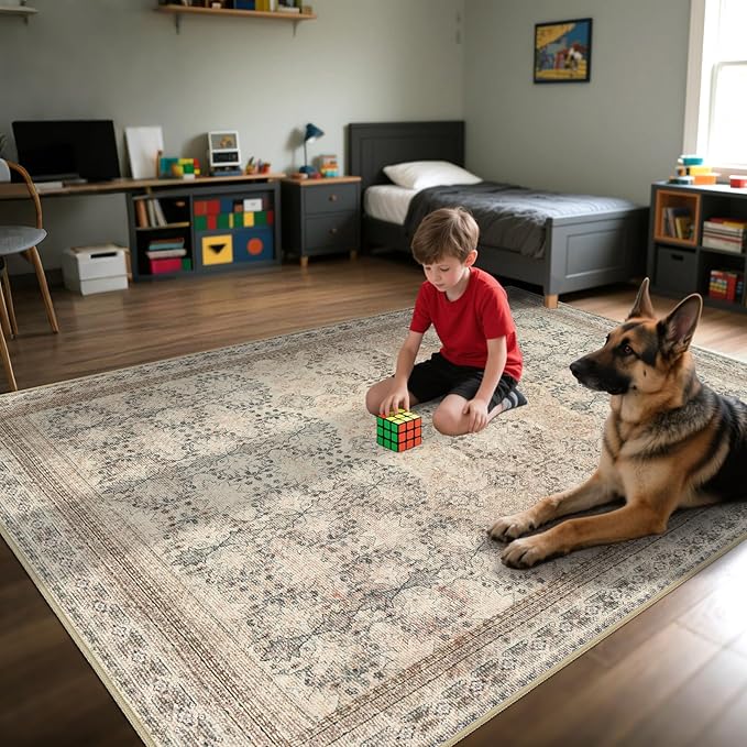 5x7 Washable Area Rug for Living Room Rustic, Non Slip Vintage Floral Bedroom Rugs Retro, Traditional Indoor Floor Carpet for Dining Room, Kitchen, Farmhouse, Office Beige/Pink/Orange
