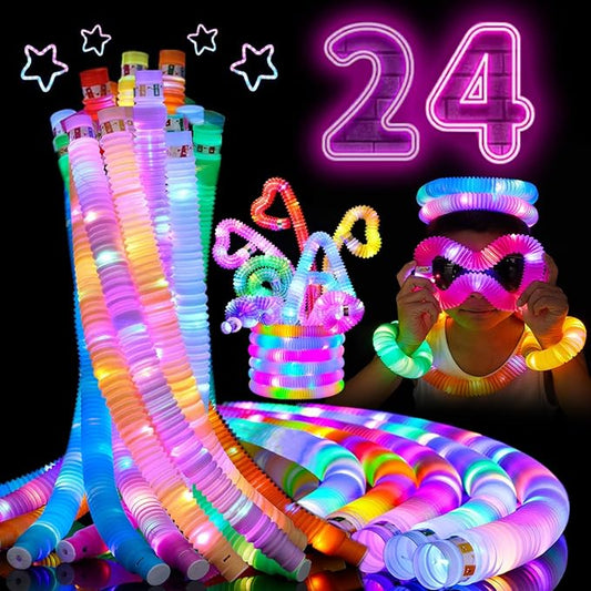 24 PCS LED Pop Tubes, Light Up Glow Tubes, Glow in the Dark Party Supplies, Sensory Toys Birthday Party Favors for Kids, Light Up Toys