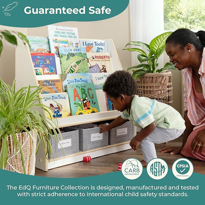 Guidecraft EdQ Book and Bin Display White with 3 Storage Bins: Wooden Kids Bookcase and Toy Storage Organizer; Homeschool and Classroom Bookshelf Furniture