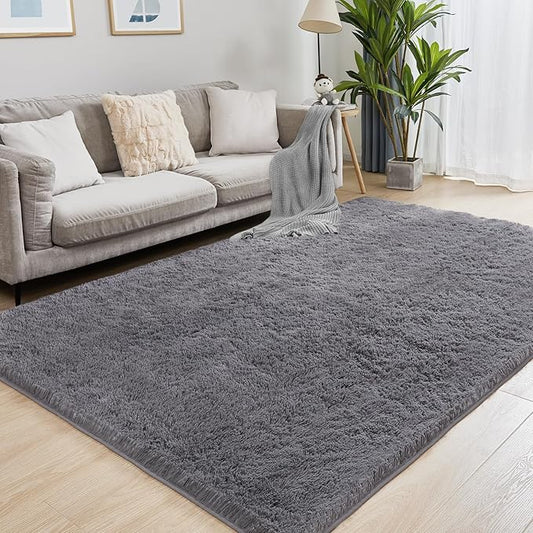 9x12 Grey Fluffy Plush Area Rug, Ultra Soft Bedroom Rug Indoor Carpet, Anti-Skid High Pile Luxury Rugs for Nursery, Kids Room, Playroom, Home Decoration