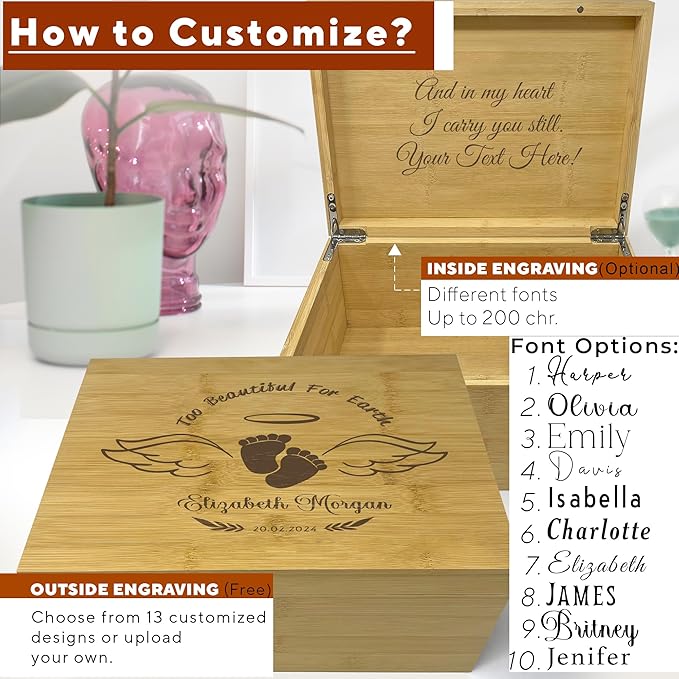 Miscarriage Memory Box Bamboo Wood - Loss of Baby Sympathy Gifts Unique, In Loving Memory Gifts Baby Loss Keepsake Box for Mother, Infant Memorial Gifts for Miscarriages Parents, Friends, 11x8x4.75 in