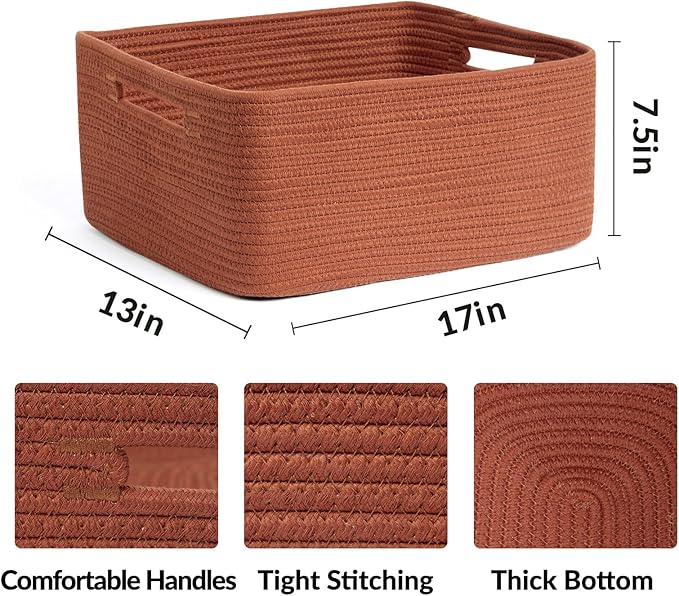 Large Storage Baskets for Organizing, Closet Shelf Baskets for Clothes Blanket Towels, Baby Nursery, Toy Bins Box, Woven Rope Baskets, 17 x 13 x 7.5”, 4 Packs Oxide Red