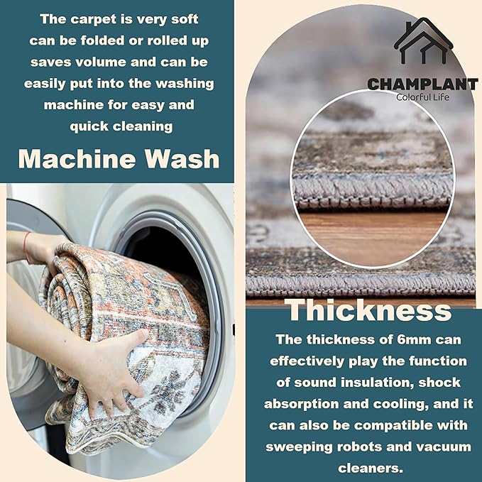 Area Rug 5'x7' Blue Khaki Washable Vintage Traditional Floor Cover Thin Retro Kitchen Indoor Distressed Non Slip Carpet Floral Print Mat for Living Room Bedroom Dining Room