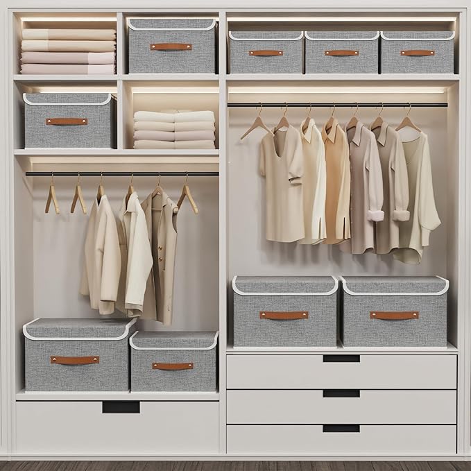 Yawinhe Collapsible Storage Boxes, Foldable Bin with Lids, Cube Clothes Organizer Basket with Handles, Grey, 13.0''Lx9.0''Wx7.9''H, 3-Pack, SNK024GS-3