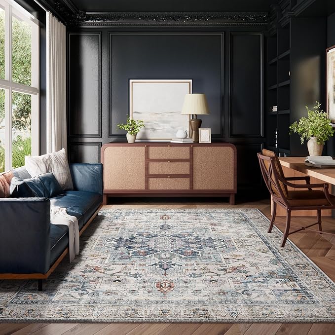9x12 Area Rugs for Living Room: Washable Bedroom Rug Boho Vintage Rugs Stain Resistant Non Slip Low Pile Soft Lightweight Carpet for Kitchen Dining Room Farmhouse Nursery Kids Room Home Office
