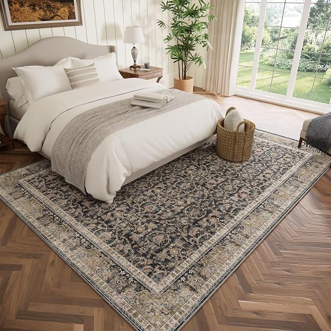 Washable 6x9 Area Rugs for Living Room, Boho Non-Slip Silicone Backing Large Rugs for Bedroom Dining Room Nursery Office, 0.3" Neutral Oriental Throw Carpet with 0.16" Cushioning Pad, Black/Multi