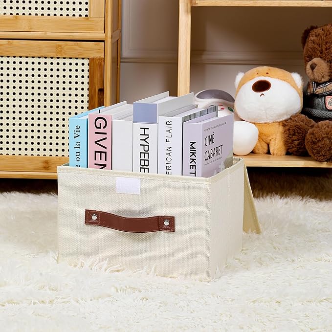 ANMINY Storage Bin with Lid Storage Boxes with PU Leather Handles PP Plastic Board Decorative Foldable Lidded Cotton Linen Fabric Home Cubes Baskets Closet Organizer Container - Beige, Small Size