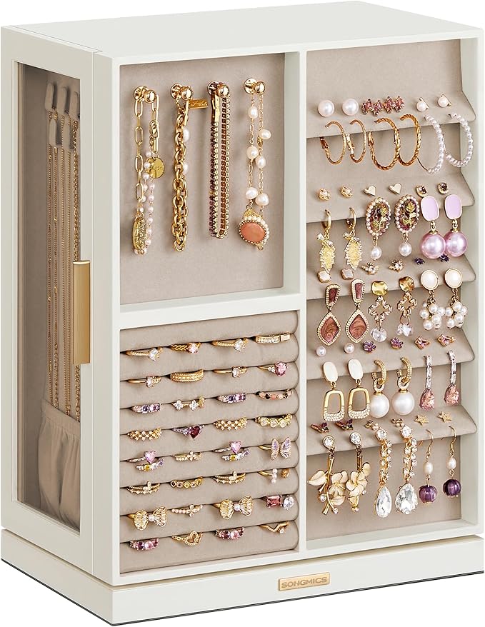 SONGMICS Jewelry Box 360° Rotating, Jewelry Storage Case with 7 Drawers, Jewelry Organizer, Glass Window, Spacious, Vertical Jewelry Storage, Open Design, Great Gift, Cloud White UJBC201W01