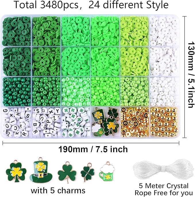 St.Patrick's Day Polymer Clay Beads Bracelet Making kit, 3480pcs 24 Style Cute Fun Beads Charms for Jewelry Necklace Earring Making DIY Accessories for Women Girls