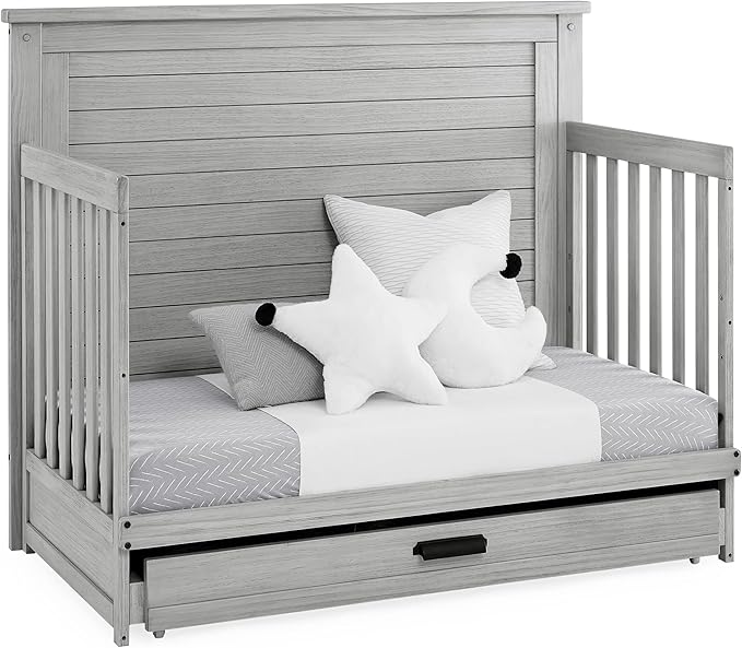 Delta Children Simmons Kids Caden 6-in-1 Convertible Crib with Trundle Drawer, Greenguard Gold Certified, Rustic Mist