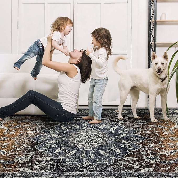 Washable Area Rugs 8x10, Large Rugs for Living Room, Carpet for Bedroom, Soft Faux Wool Retro Dining Room Rug, Non-Slip Backing Resistant Low Pile Vintage Print Rug for Home Office (Tan/Gray)