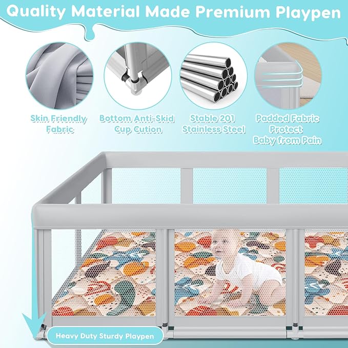 74" ×50" Large Baby Playpen, Baby Playard for Babies and Toddlers, Play Pens for Indoor & Outdoor, Sturdy Safety Play Yard with Soft Breathable Mesh, Anti-Fall, Grey (with MAT)