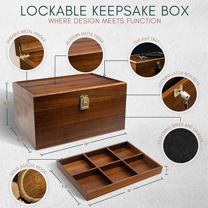 Public House Locking Wooden Keepsake Box, Customizable Design With Adjustable Tray. Large Wooden Box with Hinged Lid for Wedding and Memory Keepsakes