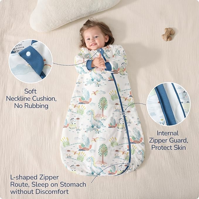 Baby Sleep Sack 3-6 Months, Cotton Detachable Long Sleeve Sleep Sack, 1.0 Tog Toddler Sleeping Sack with Temperature Strips, 2-Way Zipper Wearable Blankets for Newborns, Dinosaur
