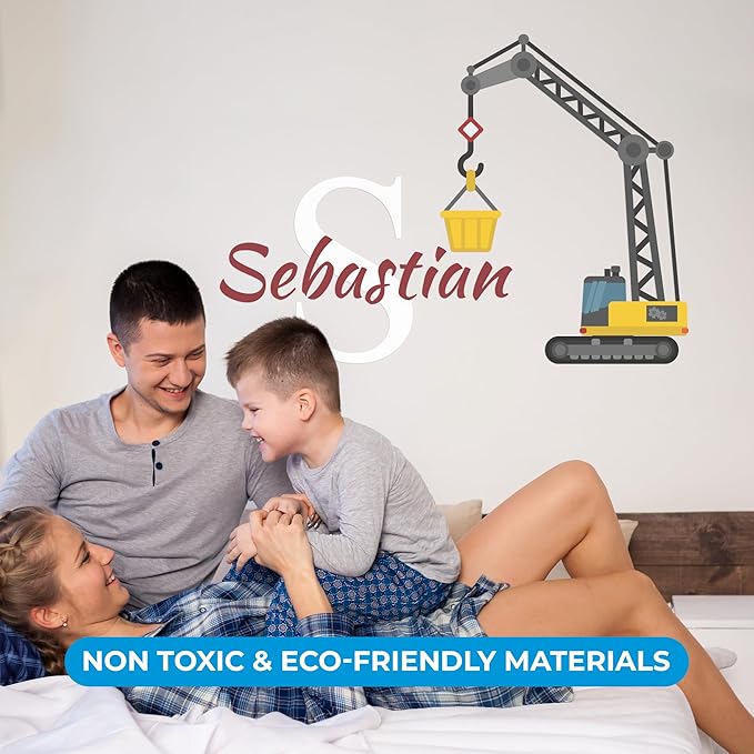 CRYPTONITE Custom Toddler Construction Crane Wall Decal I Personalized Name & Initial I Nursery Decor I Polyvinyl Chloride Sticker - Made in USA (Medium, Multicolor Options)